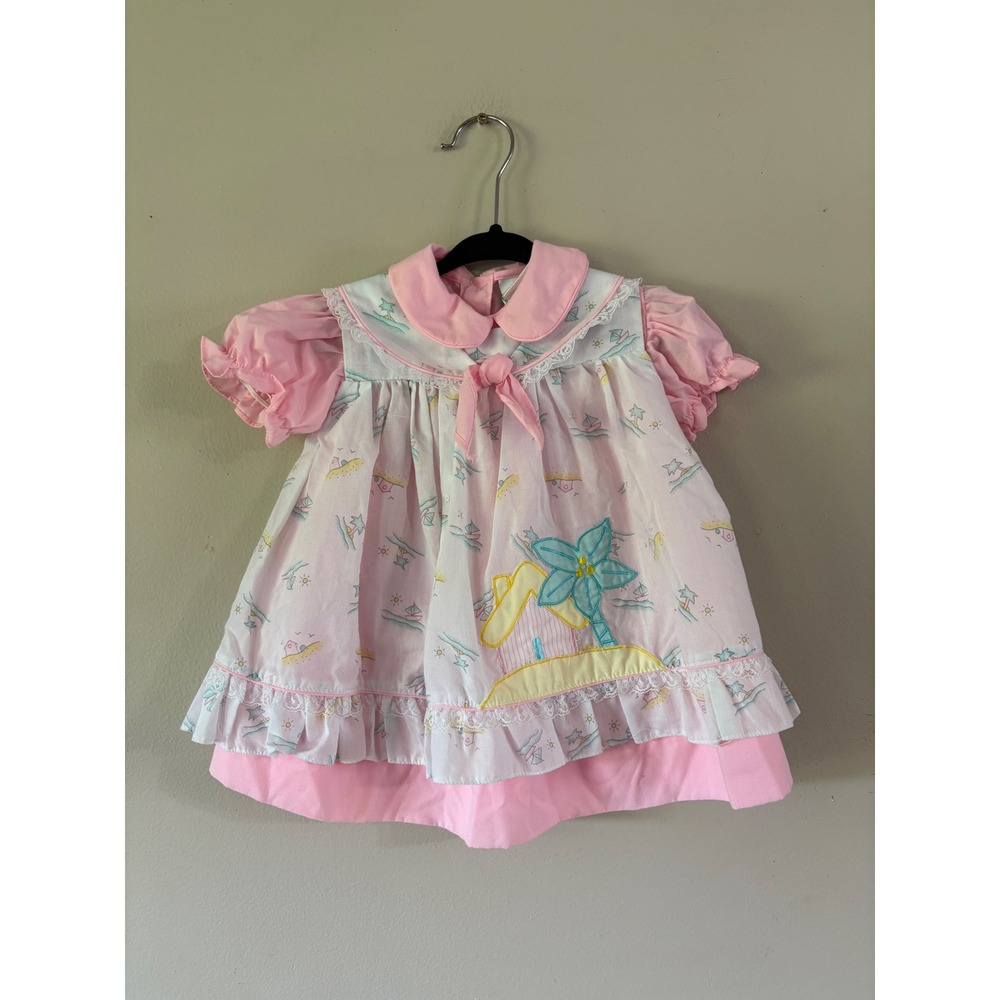 Vintage Mayfair Pink Tropical Beach House Embroidered Baby Girl Dress 18 Months